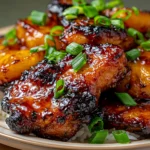 Hawaiian Teriyaki Chicken served over steamed rice with grilled pineapple, glazed chicken thighs, and fresh green onions.