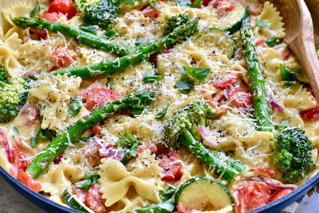 Creamy Alfredo Pasta Primavera with bowtie pasta, asparagus, broccoli, zucchini, cherry tomatoes, and freshly grated Parmesan cheese.
