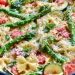 Creamy Alfredo Pasta Primavera with bowtie pasta, asparagus, broccoli, zucchini, cherry tomatoes, and freshly grated Parmesan cheese.