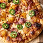 Hawaiian pizza topped with caramelized pineapple, crispy bacon, prosciutto, melted mozzarella, and fresh jalapeños on a golden homemade crust.