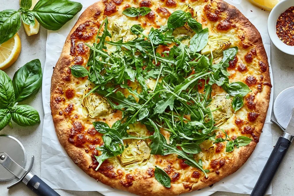Lemon Artichoke Arugula Pizza with crispy golden crust, melted mozzarella, roasted artichoke hearts, fresh arugula, basil, and lemon.