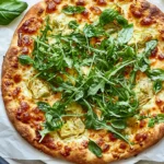 Lemon Artichoke Arugula Pizza with crispy golden crust, melted mozzarella, roasted artichoke hearts, fresh arugula, basil, and lemon.