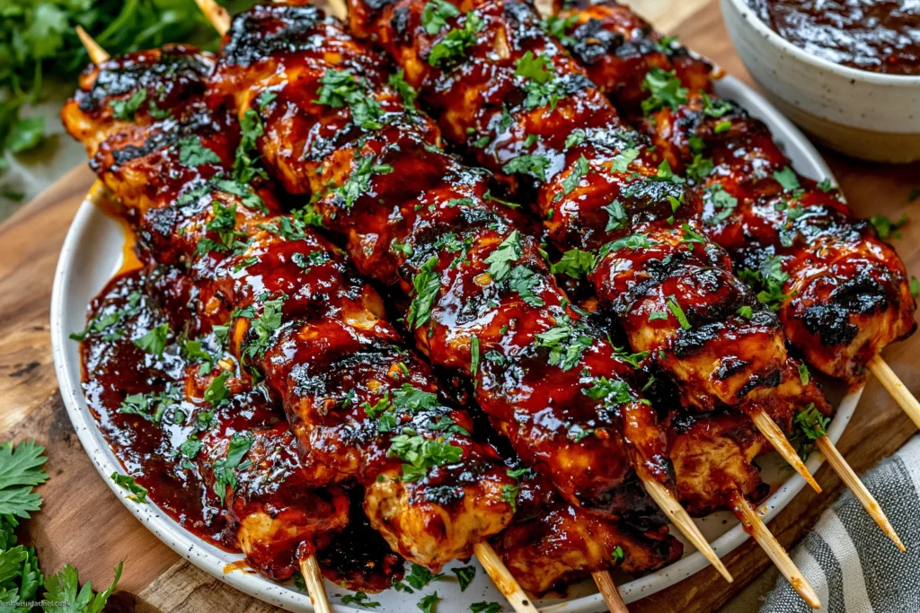 Honey Chipotle Grilled Chicken Skewers glazed with a sweet and smoky chipotle sauce, grilled to perfection with charred edges and fresh parsley garnish.