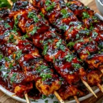 Honey Chipotle Grilled Chicken Skewers glazed with a sweet and smoky chipotle sauce, grilled to perfection with charred edges and fresh parsley garnish.