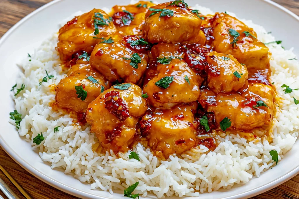 Honey Garlic Chicken served over fluffy white rice with tender chicken pieces coated in a sticky honey garlic sauce and garnished with fresh parsley