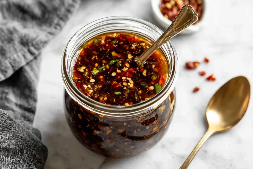 Jar of homemade honey garlic sauce with chili flakes and sesame—perfect for brushing Asian chicken skewers for a sticky, flavorful glaze.