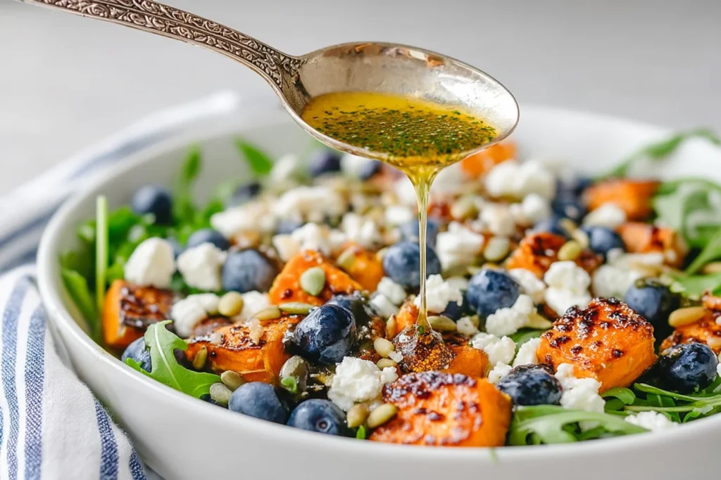 Honey Sweet Potato Summer Salad as honey lemon vinaigrette is drizzled over roasted sweet potatoes, blueberries, arugula, goat cheese, and pepitas.