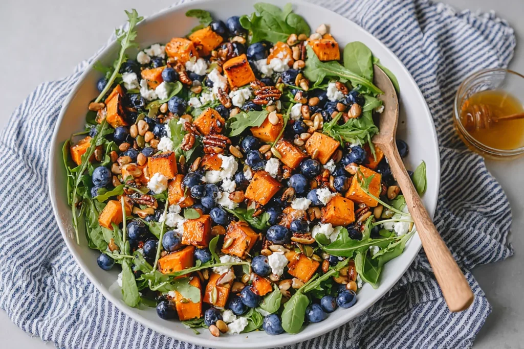 Honey Sweet Potato Summer Salad with roasted sweet potato cubes, fresh blueberries, arugula, goat cheese, pepitas, and honey lemon vinaigrette.