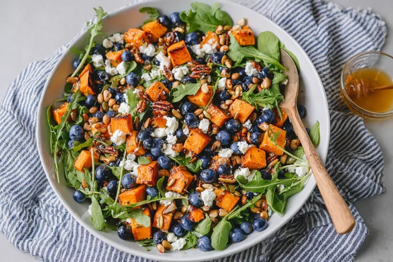 Honey Sweet Potato Summer Salad with roasted sweet potato cubes, fresh blueberries, arugula, goat cheese, pepitas, and honey lemon vinaigrette.