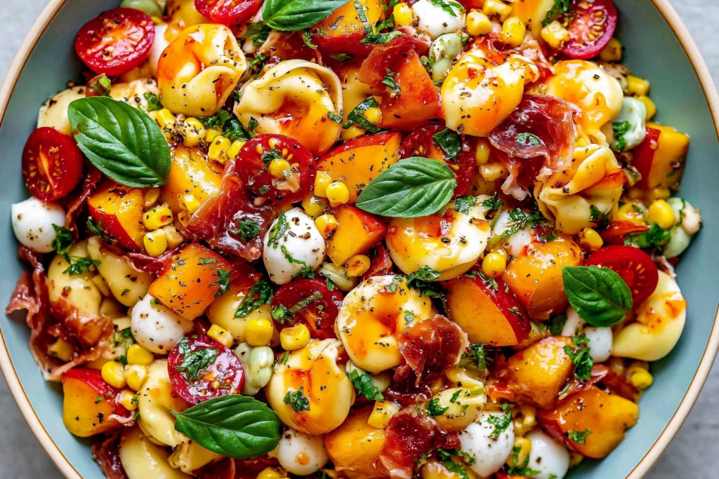 Hot Honey Tortellini Pasta Salad with cheese tortellini, juicy peaches, crispy prosciutto, pearl mozzarella, sweet corn, cherry tomatoes, fresh basil, and hot honey dressing in a colorful serving bowl.