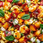 Hot Honey Tortellini Pasta Salad with cheese tortellini, juicy peaches, crispy prosciutto, pearl mozzarella, sweet corn, cherry tomatoes, fresh basil, and hot honey dressing in a colorful serving bowl.