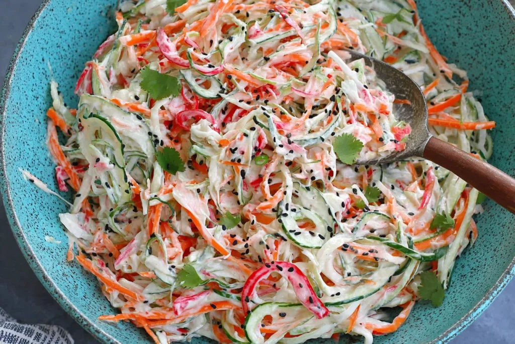 Kani Salad in a blue bowl with shredded imitation crab, cucumber, and carrot in creamy Japanese mayo dressing, topped with black sesame seeds and cilantro.
