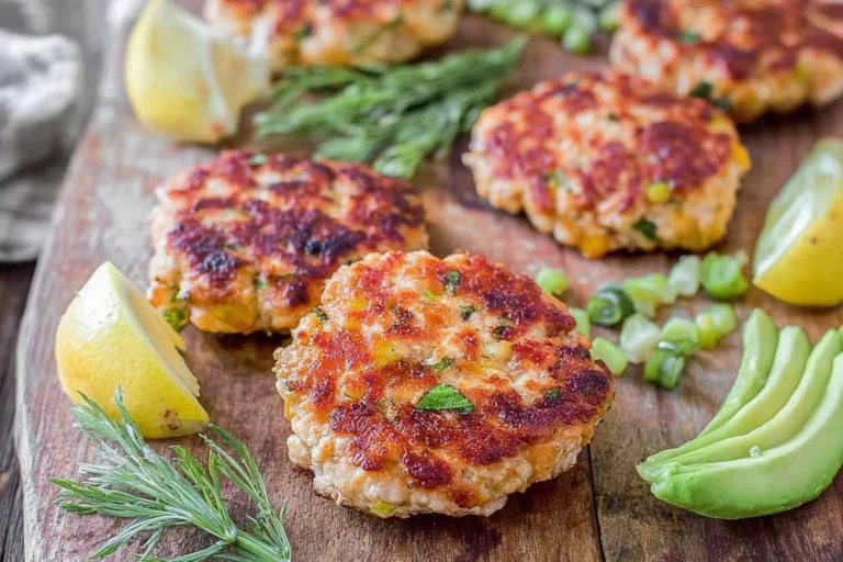 Chicken Burgers with Avocado Corn Salsa on a wooden board with golden-browned patties, sliced avocado, scallions, and lime wedges.