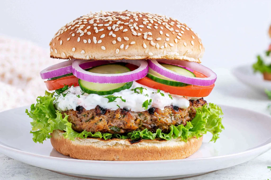 Greek Feta Turkey Burgers served on a sesame seed bun with tzatziki sauce, cucumber slices, tomatoes, red onion, and crisp lettuce for a healthy Mediterranean-inspired meal.