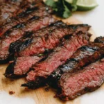 Marinated Skirt Steak sliced medium-rare with a smoky char, resting on a cutting board with fresh lime for serving.