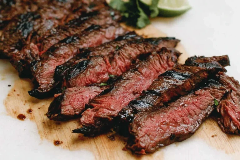 Marinated Skirt Steak sliced medium-rare with a smoky char, resting on a cutting board with fresh lime for serving.