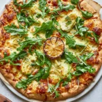 Lemon Artichoke Arugula Pizza topped with melted mozzarella, tender artichoke hearts, fresh arugula, and lemon on a golden crispy crust.