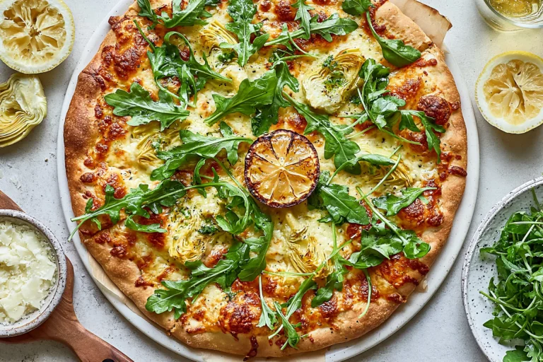 Lemon Artichoke Arugula Pizza topped with melted mozzarella, tender artichoke hearts, fresh arugula, and lemon on a golden crispy crust.