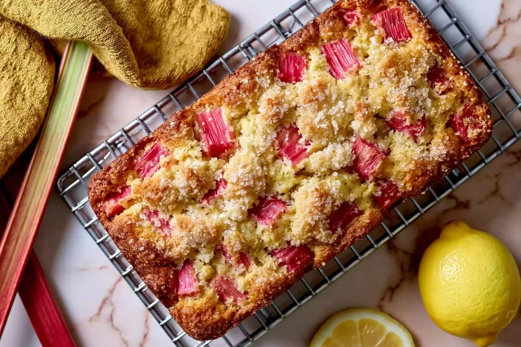 Lemon Rhubarb Bread with fresh rhubarb pieces and a golden, buttery crumb cooling on a wire rack with fresh lemons.