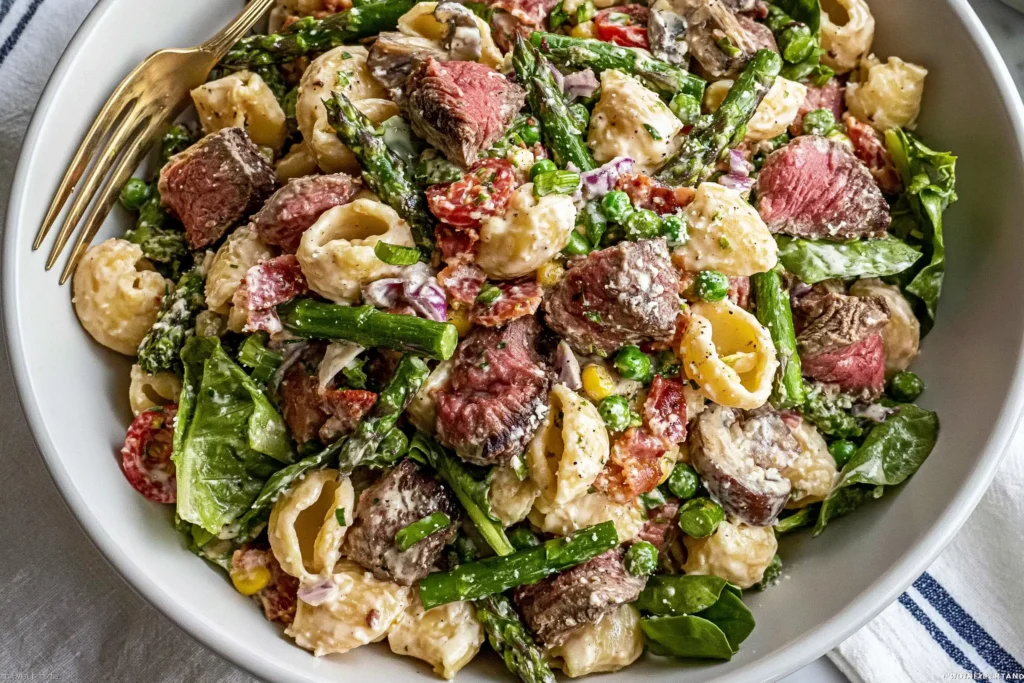 Steak Pasta Salad with juicy steak cubes, shell pasta, asparagus, peas, tomatoes, spinach, and creamy Parmesan dressing in a serving bowl.