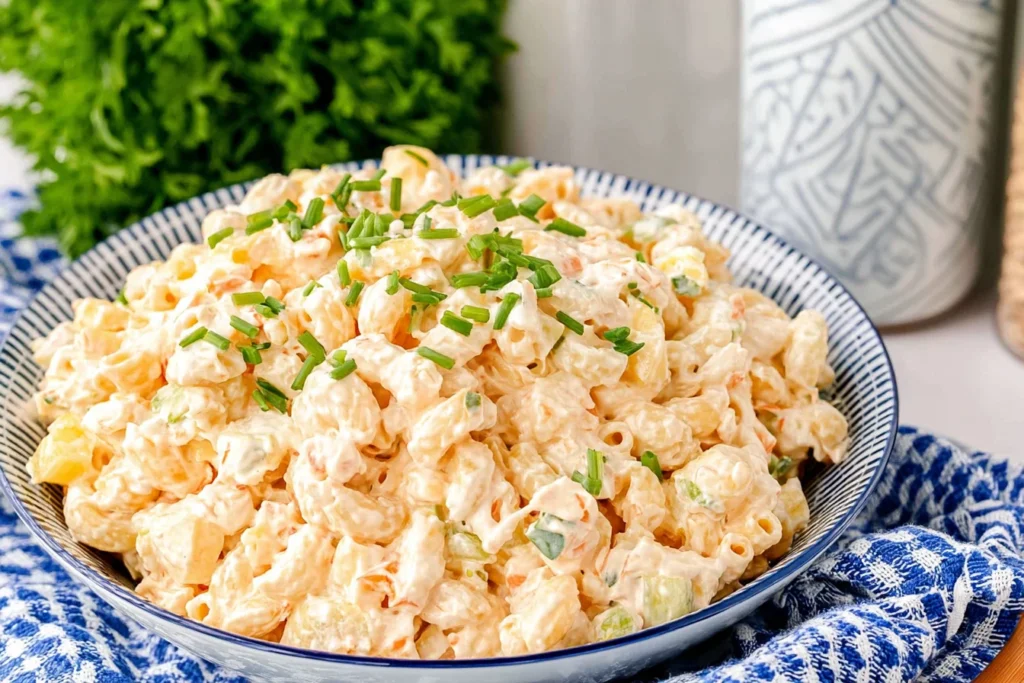 Close-up bowl of Macaroni Hawaiian Salad with creamy elbow pasta, carrots, celery, and fresh chives on top