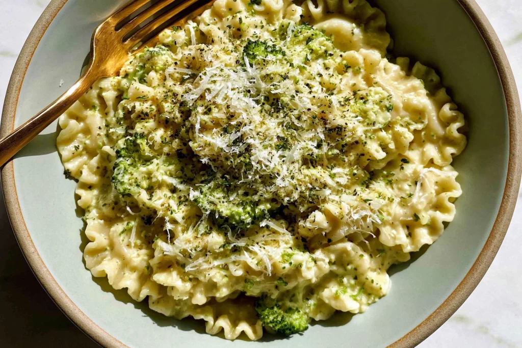 Mafaldine Pasta Limone With Broccoli served in a bowl with creamy lemon Parmesan sauce, tender broccoli florets, and freshly grated Parmesan cheese.