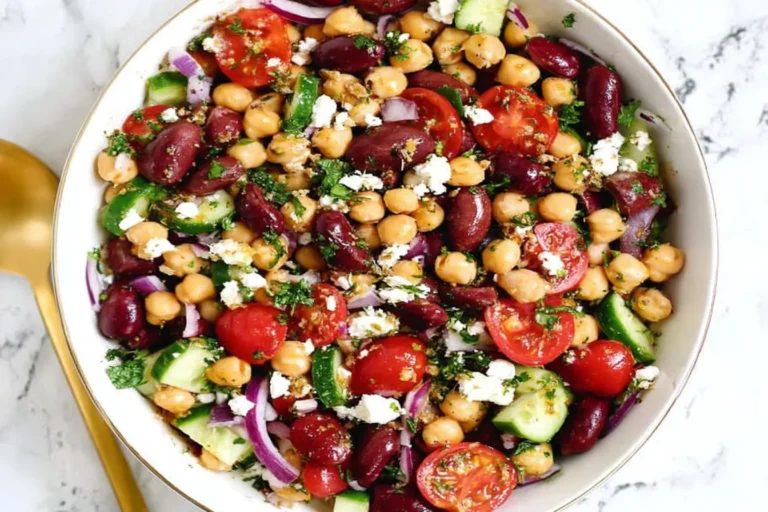 Mediterranean Dense Bean Salad with chickpeas, kidney beans, cucumbers, cherry tomatoes, red onion, feta, and herbs in a white bowl.