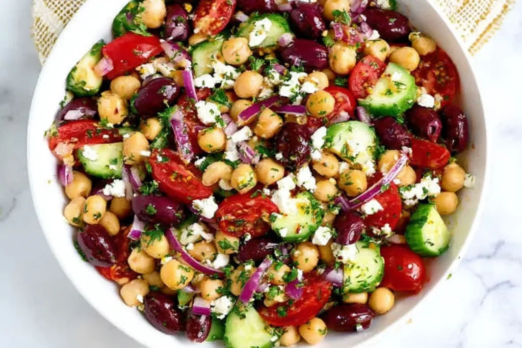 Mediterranean Dense Bean Salad with chickpeas, kidney beans, cucumbers, cherry tomatoes, red onion, feta, and parsley in a white bowl.