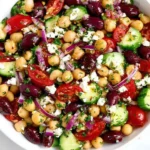 Mediterranean Dense Bean Salad with chickpeas, kidney beans, cucumbers, cherry tomatoes, red onion, feta, and parsley in a white bowl.