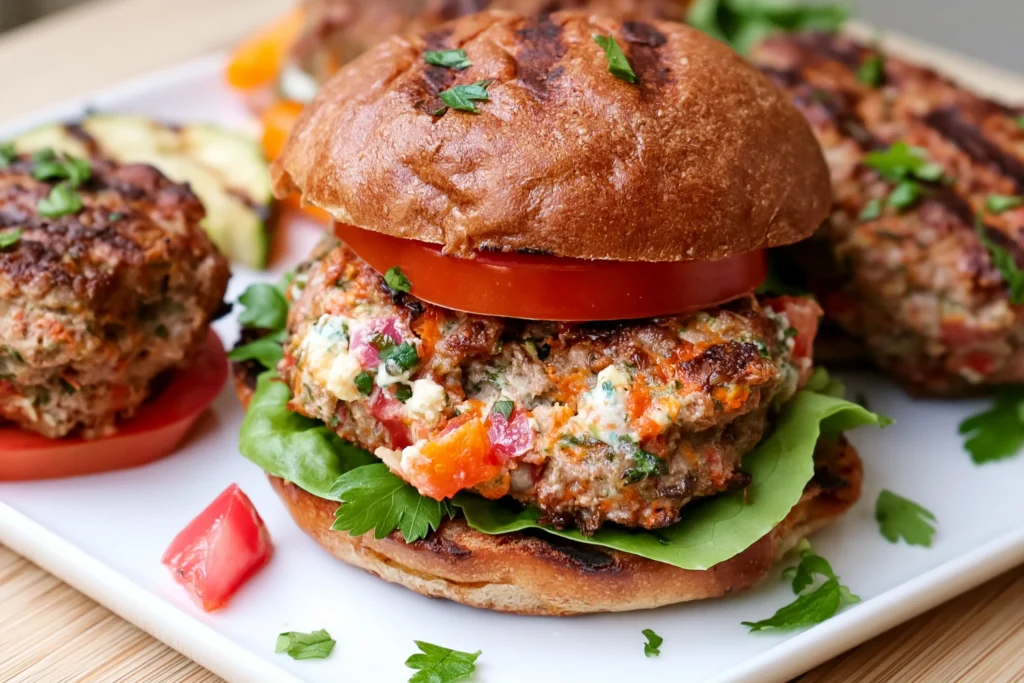 Mediterranean Stuffed Burgers made with juicy ground turkey, feta cheese, spinach, bell peppers, lettuce, and fresh tomato on a toasted bun