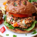 Mediterranean Stuffed Burgers made with juicy ground turkey, feta cheese, spinach, bell peppers, lettuce, and fresh tomato on a toasted bun