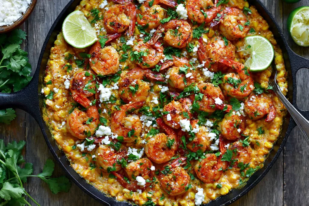 Mexican Street Corn and Shrimp served in a cast-iron skillet with juicy chili-seasoned shrimp, creamy corn, crumbled feta cheese, fresh cilantro, and lime wedges.