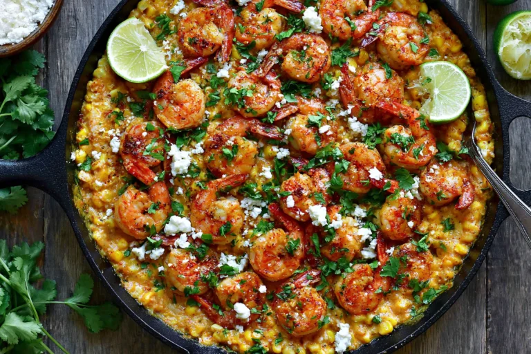 Mexican Street Corn and Shrimp served in a cast-iron skillet with juicy chili-seasoned shrimp, creamy corn, crumbled feta cheese, fresh cilantro, and lime wedges.
