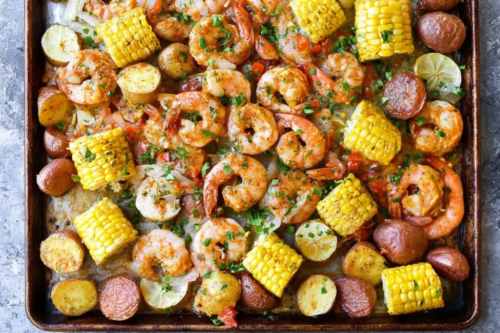 Sheet Pan Shrimp Boil baked on a sheet pan with Old Bay shrimp, corn rounds, baby potatoes, sliced andouille sausage, and lemon.
