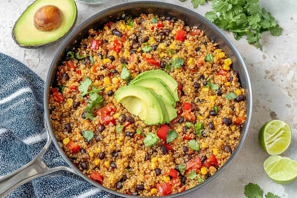 One-Pan Mexican Quinoa in a skillet with black beans, corn, red peppers, cilantro, and avocado slices on top.