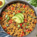 One-Pan Mexican Quinoa in a skillet with black beans, corn, red peppers, cilantro, and avocado slices on top.
