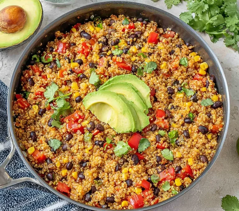 One-Pan Mexican Quinoa in a skillet with black beans, corn, red peppers, cilantro, and avocado slices on top.