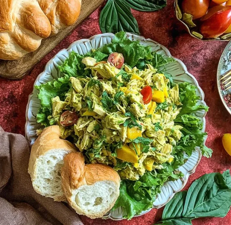 Peach Basil Chicken Salad served over leafy lettuce with fresh basil, juicy peaches, and shredded chicken, with crusty bread on the side.