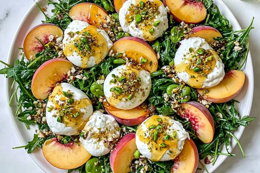 Peach Burrata Arugula Salad with fresh sliced peaches, creamy burrata cheese, peppery arugula, crushed pistachios, and homemade honey Dijon dressing.