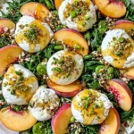 Peach Burrata Arugula Salad with fresh sliced peaches, creamy burrata cheese, peppery arugula, crushed pistachios, and homemade honey Dijon dressing.