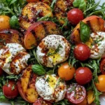 Peach Burrata Summer Salad with juicy grilled peaches, creamy burrata, cherry tomatoes, fresh basil, arugula, and balsamic glaze.