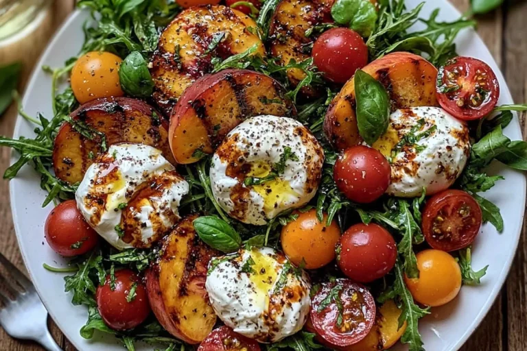 Peach Burrata Summer Salad with juicy grilled peaches, creamy burrata, cherry tomatoes, fresh basil, arugula, and balsamic glaze.