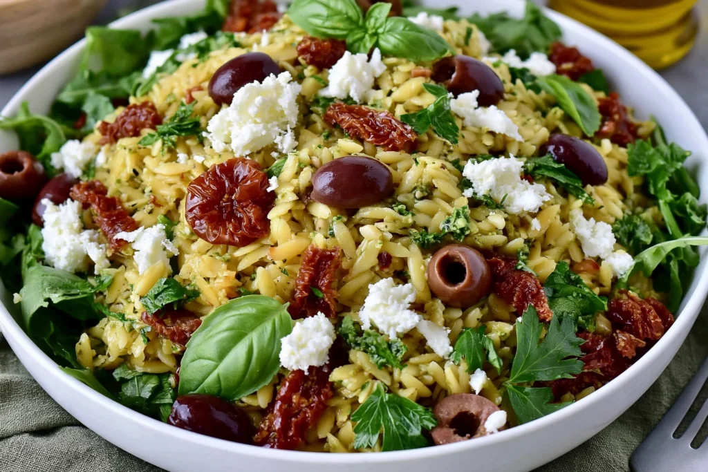 Pesto Orzo Salad with Sundried Tomatoes served in a white bowl with pesto-coated orzo, sun-dried tomatoes, feta cheese, fresh herbs, olives, and leafy greens for a colorful Mediterranean-inspired dish.
