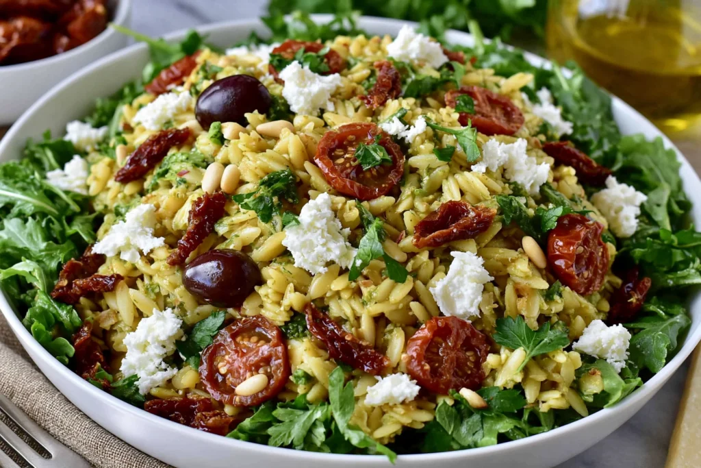 Pesto Orzo Salad with Sundried Tomatoes topped with feta cheese, pine nuts, olives, fresh parsley, and pesto-coated orzo on a bed of arugula for a vibrant Mediterranean pasta salad.
