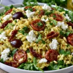 Pesto Orzo Salad with Sundried Tomatoes topped with feta cheese, pine nuts, olives, fresh parsley, and pesto-coated orzo on a bed of arugula for a vibrant Mediterranean pasta salad.