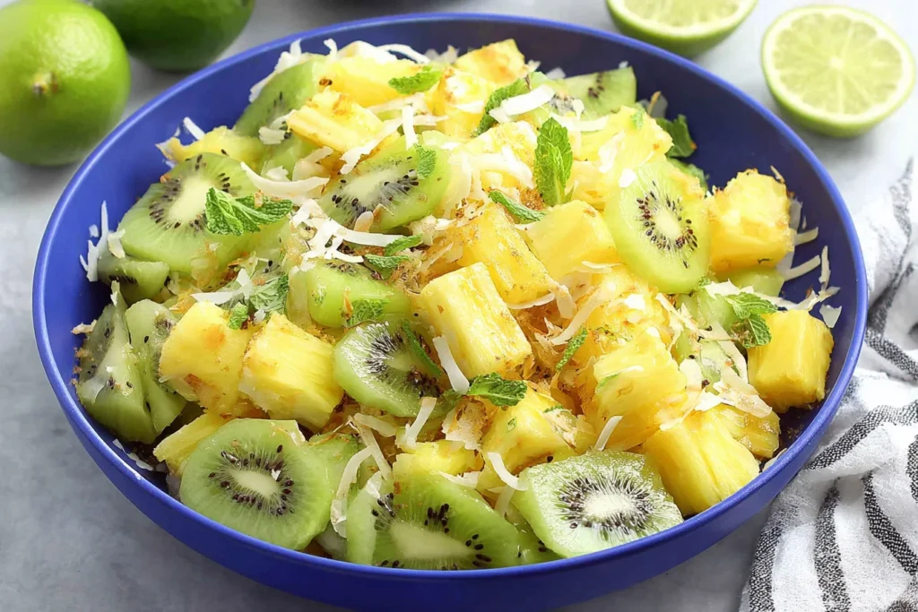 Pineapple Kiwi Salad in a blue bowl with fresh pineapple chunks, sliced kiwi, mint, lime, and toasted coconut.