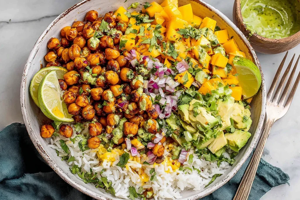Mango Chickpea Salad bowl with crispy roasted chickpeas, diced mango, avocado, red onion, cilantro, lime, and rice.