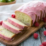 Raspberry Glazed Key Lime Cake sliced on a wooden board with fresh raspberries and a sweet pink raspberry glaze.