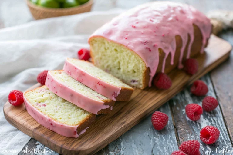 Raspberry Glazed Key Lime Cake sliced on a wooden board with fresh raspberries and a sweet pink raspberry glaze.