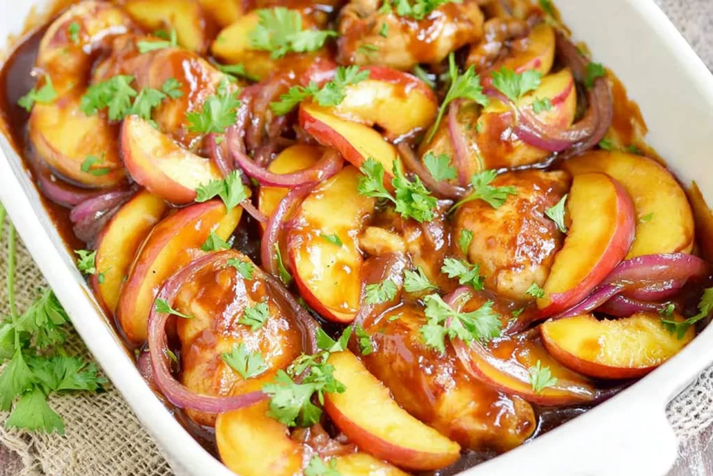 Roasted Peach BBQ Chicken Bake in a white baking dish with BBQ-glazed chicken, roasted peach slices, red onion, and fresh cilantro.